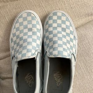 Baby blue and white checked vans.